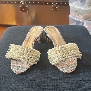 Tory Burch Pearl Embellished Mules in Cream and Gold w/Dust Bag